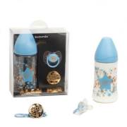 Suavinex Haute Couture Genis Agiz Biberon 270 Ml. Silikon Uç + Emzik Zinciri +  0-4 Ay Emzik (Mavi) 