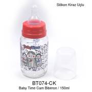 BabyTime Silikon Kiraz Uçlu Cam Biberon 150ml - Kırmızı