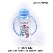 BabyTime Silikon Kiraz Uçlu Kulplu Cam Biberon 250ml - Mavi