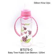 BabyTime Silikon Kiraz Uçlu Kulplu Cam Biberon 250ml - Pembe
