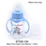 BabyTime Silikon Kiraz Uçlu Kulplu Cam Biberon 150ml - Mavi