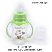 BabyTime Silikon Kiraz Uçlu Kulplu Cam Biberon 150ml - Yeşil