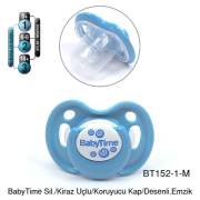 BabyTime Kiraz Uçlu Koruyucu Kapaklı Mat Gövdeli Desenli Emzik 0-6 Ay - Mavi